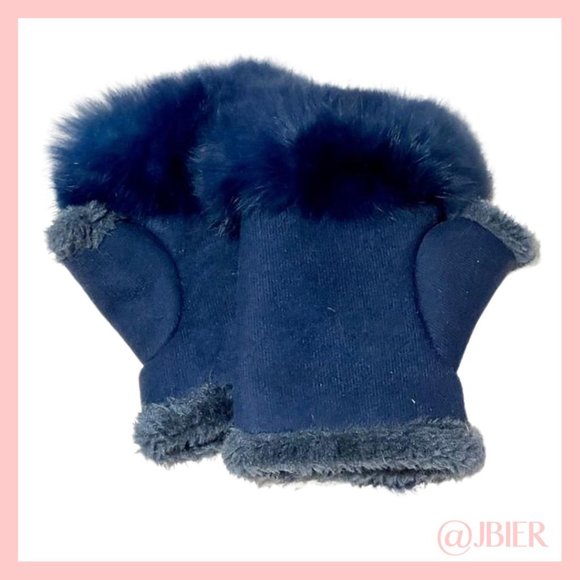 Adrienne Landau Rabbit Fur Fingerless Gloves in Blue - Picture 2 of 4